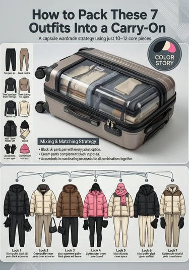 A winter travel capsule wardrobe infographic titled "How to Pack These 7 Outfits Into a Carry-On," f