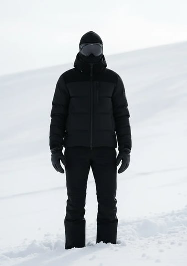 A person standing in deep snow wearing a sleek, all-black ski outfit including a puffer jacket, snow