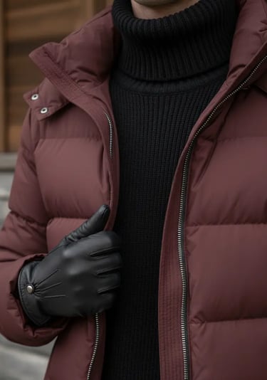 Close-up of a luxury winter outfit featuring a rich burgundy or wine-colored quilted parka over a bl