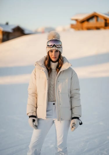 A woman posing in a winter landscape wearing an off-white quilted puffer coat, white trousers, a cab