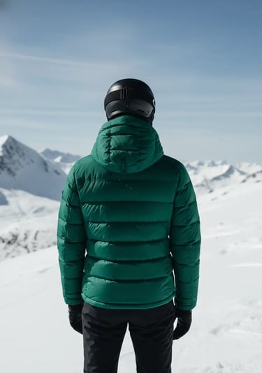Back view of a women's emerald green ski jacket showing the hood and quilted design.