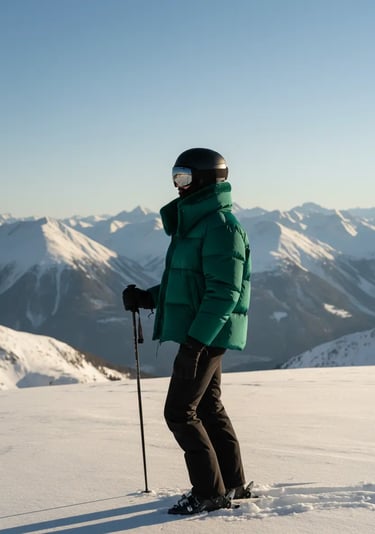 Side profile of a skier holding poles, wearing a forest green winter jacket overlooking the mountain