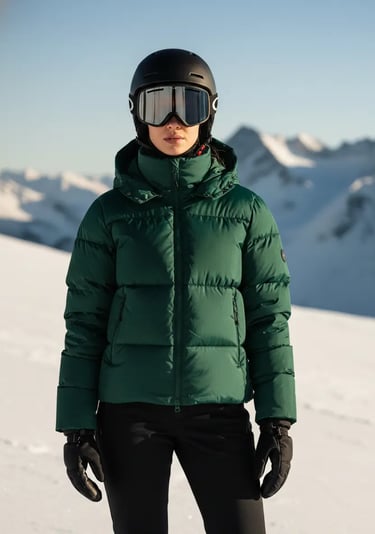 Front view of a woman wearing an emerald green puffer ski jacket and helmet in a snowy landscape.