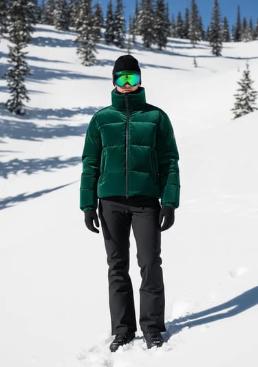 A bold statement maker ski look featuring an emerald green velvet-textured puffer jacket, black snow