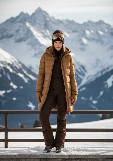 A woman posing against a dramatic mountain backdrop wearing a long camel puffer coat, dark brown bas