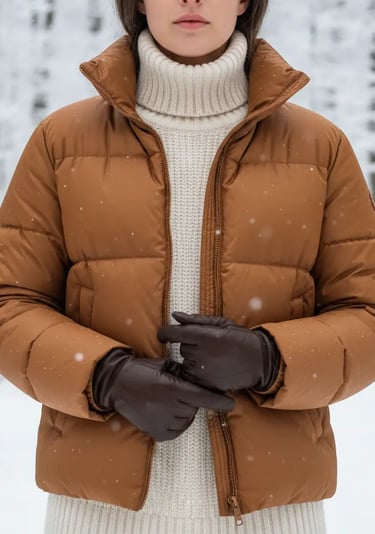 Close-up of a sophisticated winter outfit featuring a warm camel-colored puffer jacket over a cream 