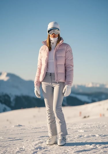 A woman posing in the snow wearing a soft powder pink quilted jacket, light grey snow pants, white g