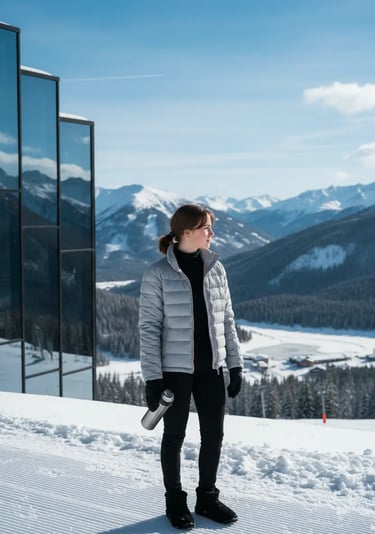 A casual and chic Lake Tahoe winter outfit with a woman in a silver metallic puffer jacket and black