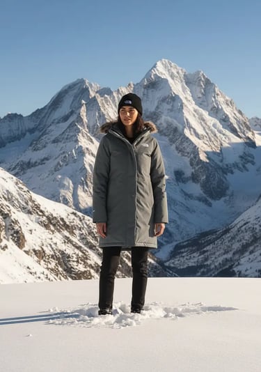 A woman modeling a Scandinavian minimalist ski style in a long charcoal gray parka and black snow pa