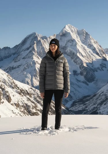 A functional and stylish gray layered ski look with a technical puffer coat and black base layers, p