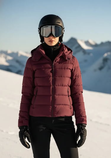 Front view of a woman wearing a chic burgundy puffer ski jacket paired with black ski pants and helm