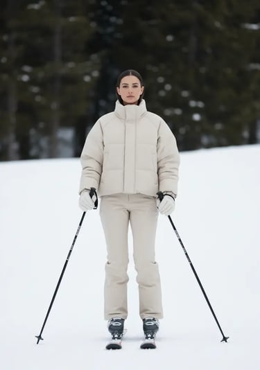 A woman standing on a snowy slope wearing a minimalist cream-colored puffer jacket and matching ski 