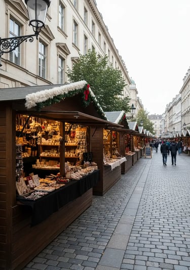 Budapest Christmas market street lined with wooden stalls, holiday decorations, and visitors explori