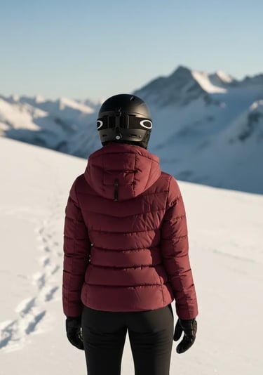 Back view of a deep red women's ski jacket showing the hood and quilted design against a snowy mount