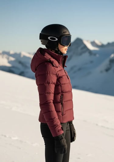 Side profile of a stylish maroon ski jacket outfit complete with black goggles and gloves for a wint