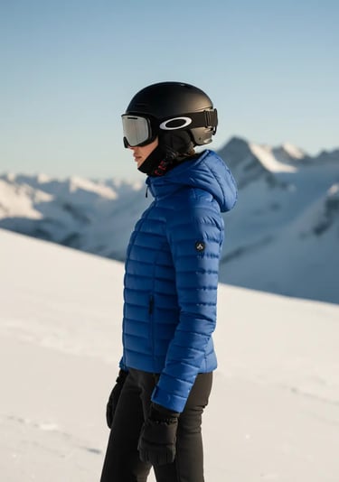 Front view of a woman wearing a stylish sapphire blue ski jacket paired with black ski pants and a h