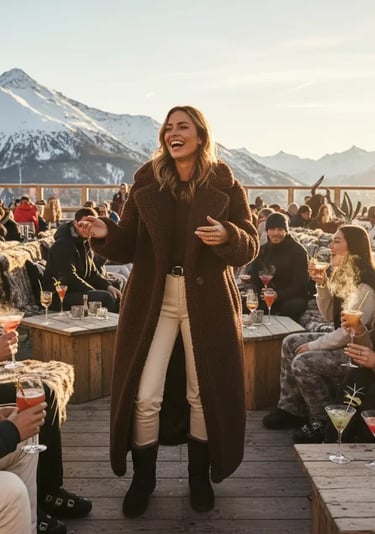 Close-up of a high-end après-ski outfit featuring a soft textured faux fur teddy jacket in cream, pa