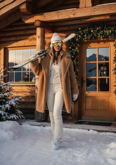 A woman relaxing at a mountain resort wearing an oversized, cozy camel teddy bear coat and a matchin