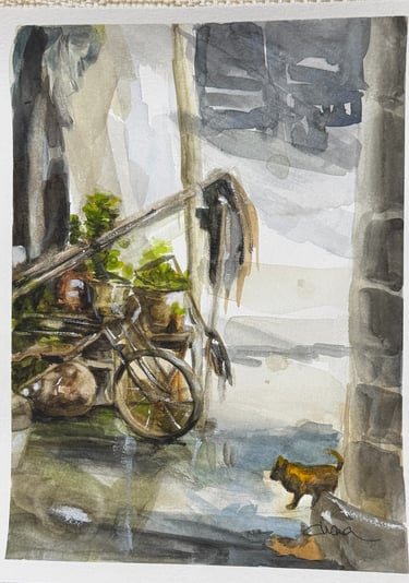 a painting of a bicycle parked inside of a garage