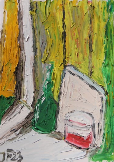 a still life painting of a green bottle and a book on a windowsill