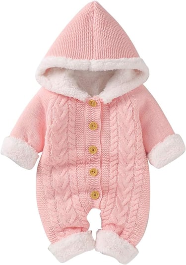 Baby romper with knitted shell and fleece lining, color pink