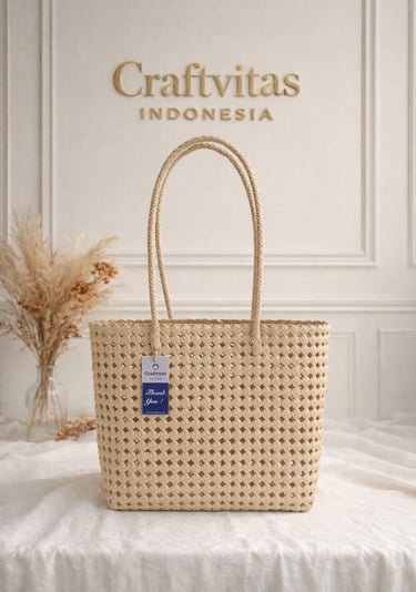 Handmade woven plastic tote bag Sekar series in cream color by Craftvitas Indonesia, eco friendly artisan handbag