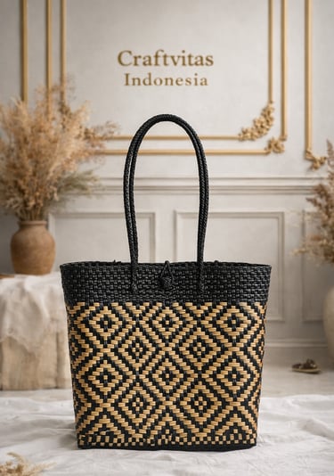 Tas anyaman plastik handmade warna hitam dengan motif natural ramah lingkungan dari Craftvitas Indonesia