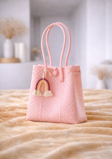 Tas anyaman plastik jali jali pink muda salem handmade dengan gantungan pelangi, cocok untuk hadiah