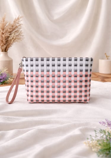 Handwoven recycled plastic clutch bag pink grey checkered pattern handmade from Indonesia