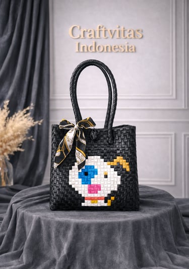 Tas anyaman karakter anjing warna hitam handmade untuk tas souvenir
