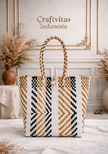 Eco friendly handwoven plastic tote bag with Indonesian batik zigzag pattern in white brown and black