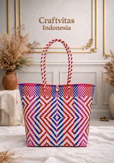 Handmade plastic woven tote bag featuring Indonesian batik diamond pattern in red blue and white