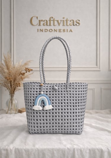 Light gray woven plastic tote bag Sekar series handmade sustainable artisan bag