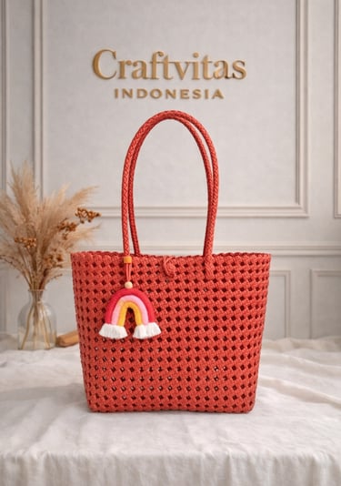 Brick red woven plastic tote bag Sekar series handmade recycled plastic handbag