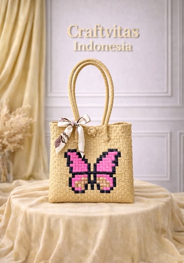 Cream handwoven plastic tote bag with butterfly character, handmade sustainable bag from Indonesia