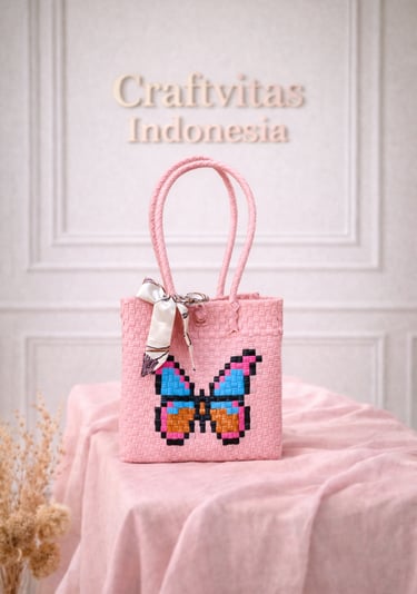 Pink handwoven plastic tote bag with butterfly character, handmade recycled plastic tote bag