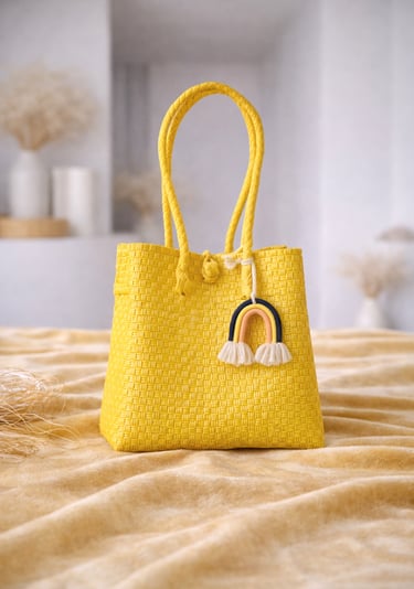 Tas anyaman plastik jali jali warna kuning handmade, tas anyaman cerah dari plastik daur ulang