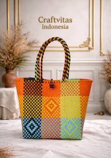 Handmade multicolor batik plastic woven tote bag with patchwork pattern, eco friendly artisan bag from Craftvitas Indonesia
