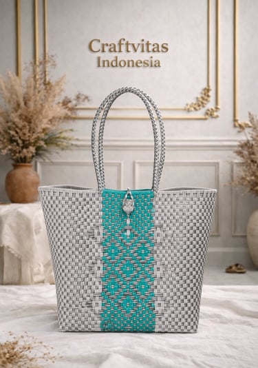 Handmade batik plastic woven tote bag in grey and turquoise minimalist pattern, sustainable Indonesian tote bag by Craftvitas