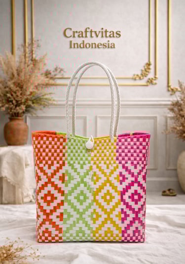 Handmade white multicolor batik plastic woven tote bag with diamond motif, eco friendly Indonesian craft by Craftvitas