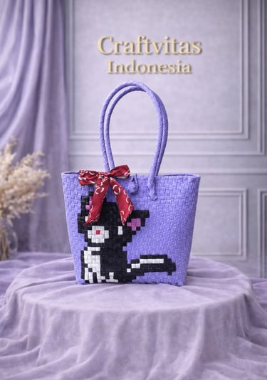 Purple handwoven plastic tote bag with cat character, handmade eco friendly women bag