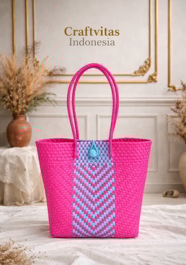 Handmade plastic woven tote bag with pink and blue chevron batik pattern from Indonesia
