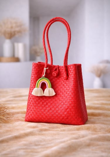 Handwoven yellow plastic tote bag handmade from recycled materials by Indonesian artisans