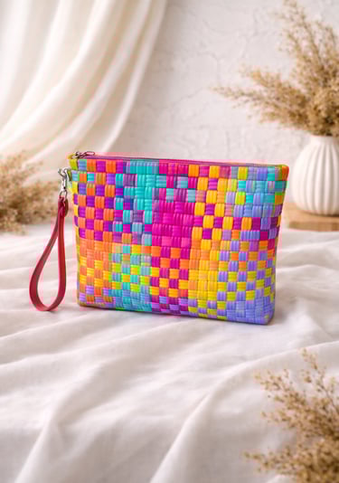 Bright multicolor woven plastic clutch bag with checkered pattern handmade in Indonesia