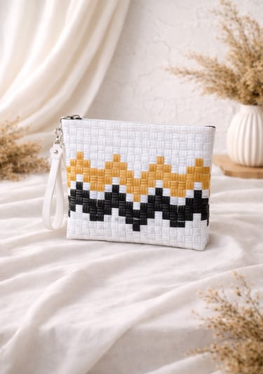 Tas anyaman plastik handmade warna putih dengan motif hitam dan kuning, clutch elegan untuk souvenir dan hampers