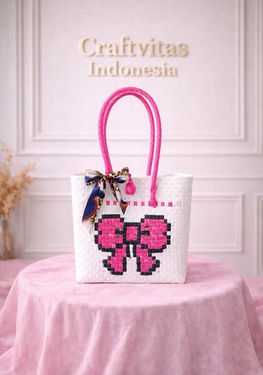 Tas anyaman karakter kupu-kupu handmade warna putih pink ramah lingkungan