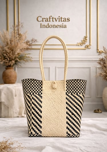 Cream and black handwoven plastic tote bag with diagonal batik pattern, Indonesian handmade woven bag