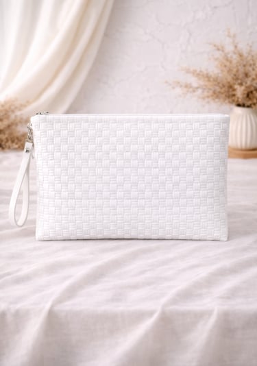 Solid white woven plastic clutch bag handmade eco friendly fashion