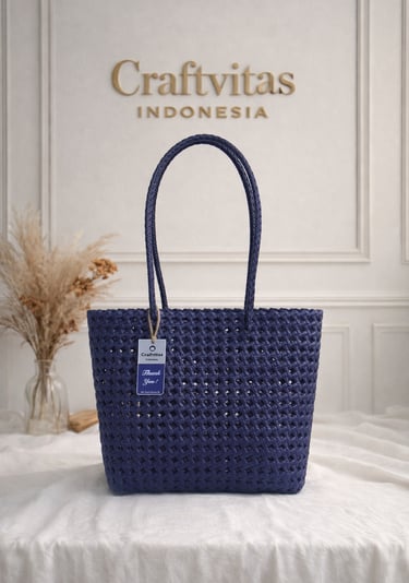 Navy blue handmade woven plastic tote bag Sekar series, eco friendly woven handbag