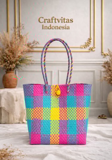 Tas anyaman plastik handmade warna biru pink kuning dengan motif kotak ceria dari Craftvitas Indonesia